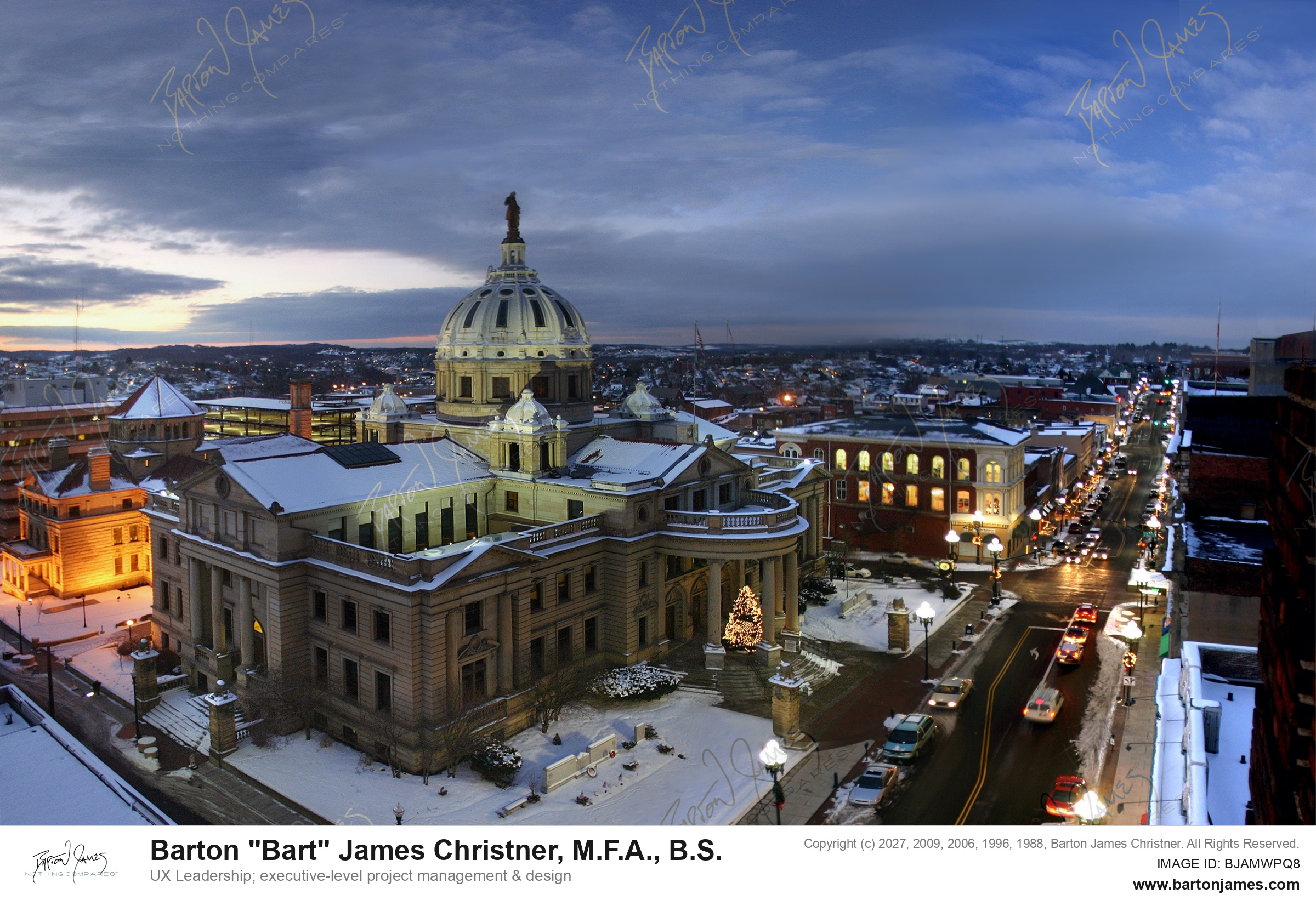 20051212 NIGHT AERIAL ARTWashington Courthouse Skyline Twilite Snow Arts Center PHOTO