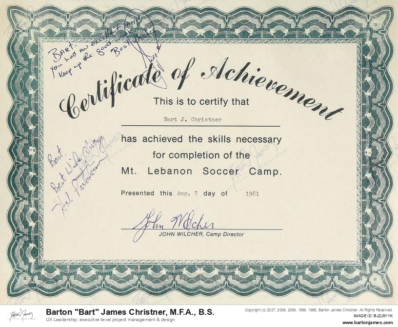 19810807 COMPLETION Mt Lebanon Soccer CERTIFICATE
