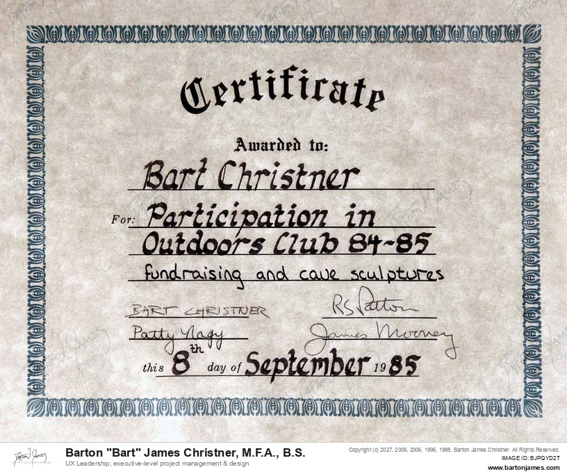 19850908 COMPLETION The Outdoors Club CERTIFICATE