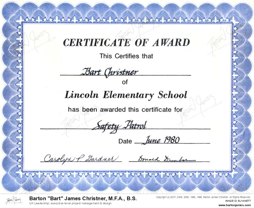 19800601 RECOGNITION Safety Patrol CERTIFICATE