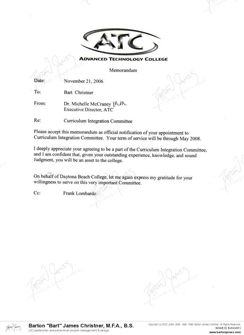 20061121 APPOINTED Curriculum Integration MEMO