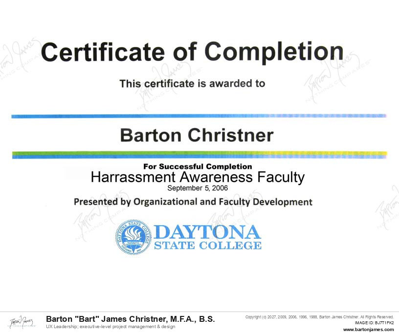 20060905 CERTIFIED Harassment Faculty CERTIFICATE