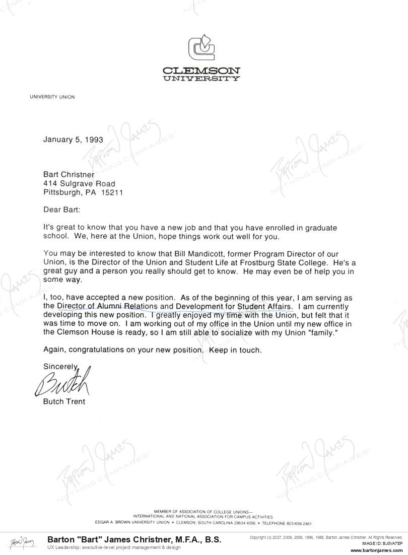 19930105 CONGRATS Butch Trent LETTER