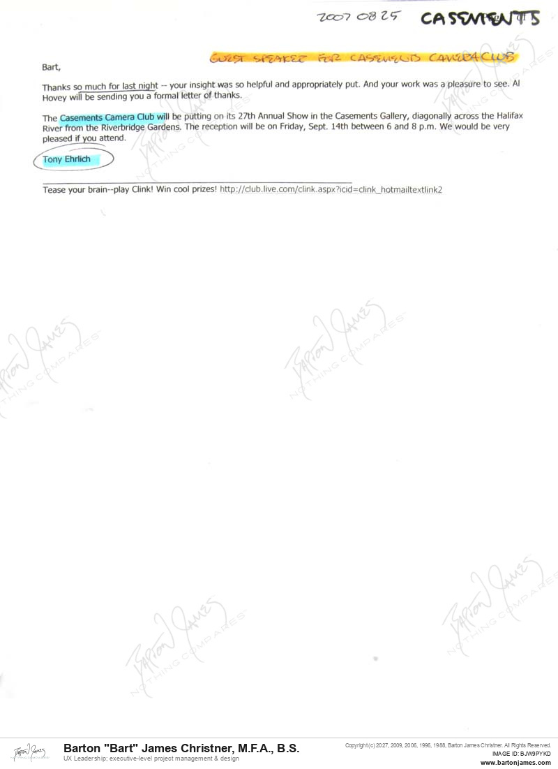 20070825 THANKS Tony Ehrlich EMAIL
