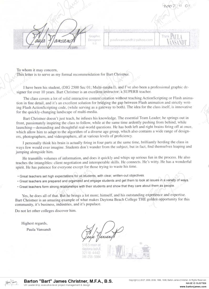 20071101 COMMEND Paula Vansandt LETTER