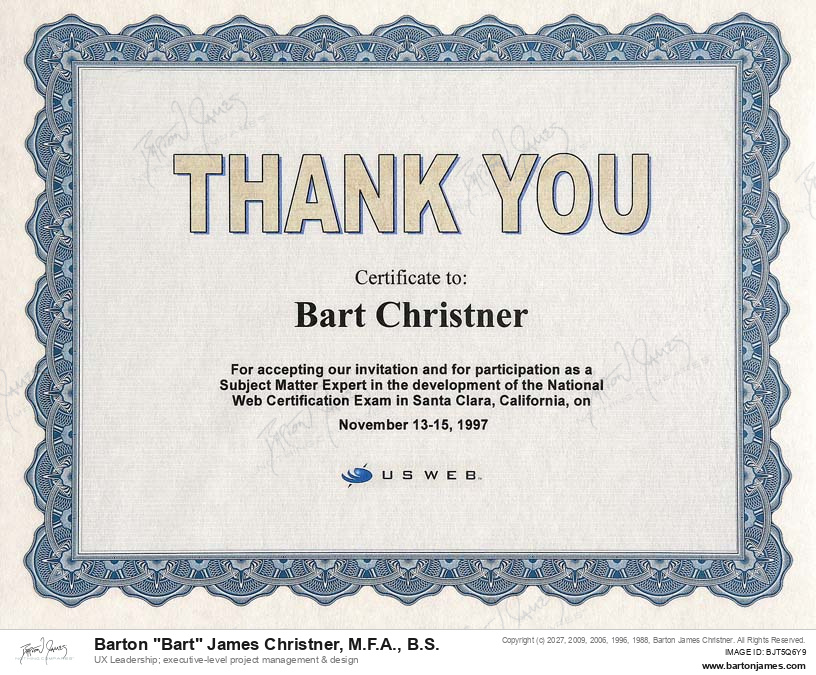 19971115 RECOGNITION Web Certification Exam CERTIFICATE