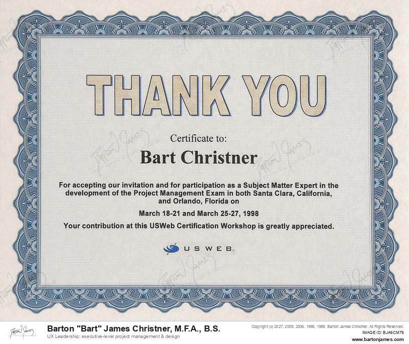19980327 RECOGNITION Project Management Exam CERTIFICATE