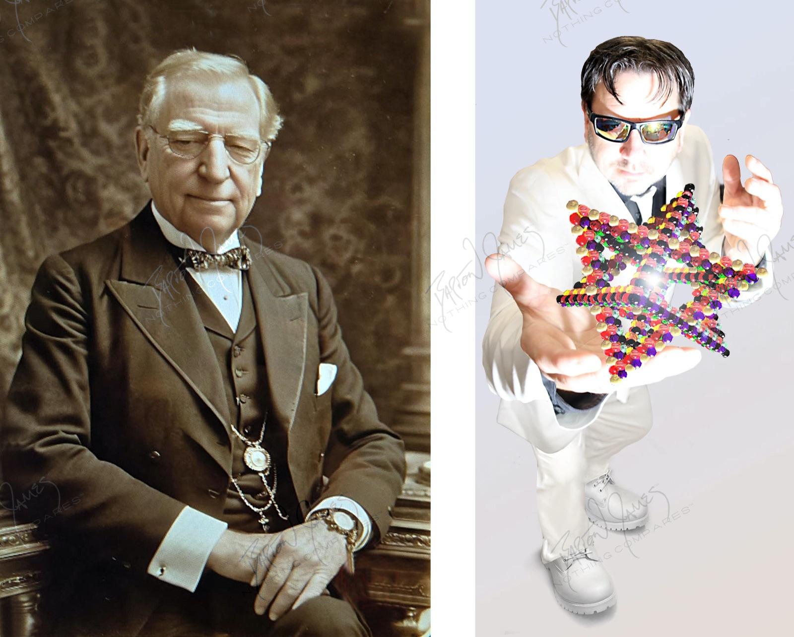 Dr. Lawrence A. Spalla in a sepia portrait, and Barton James Christner in white holding a star of spheres