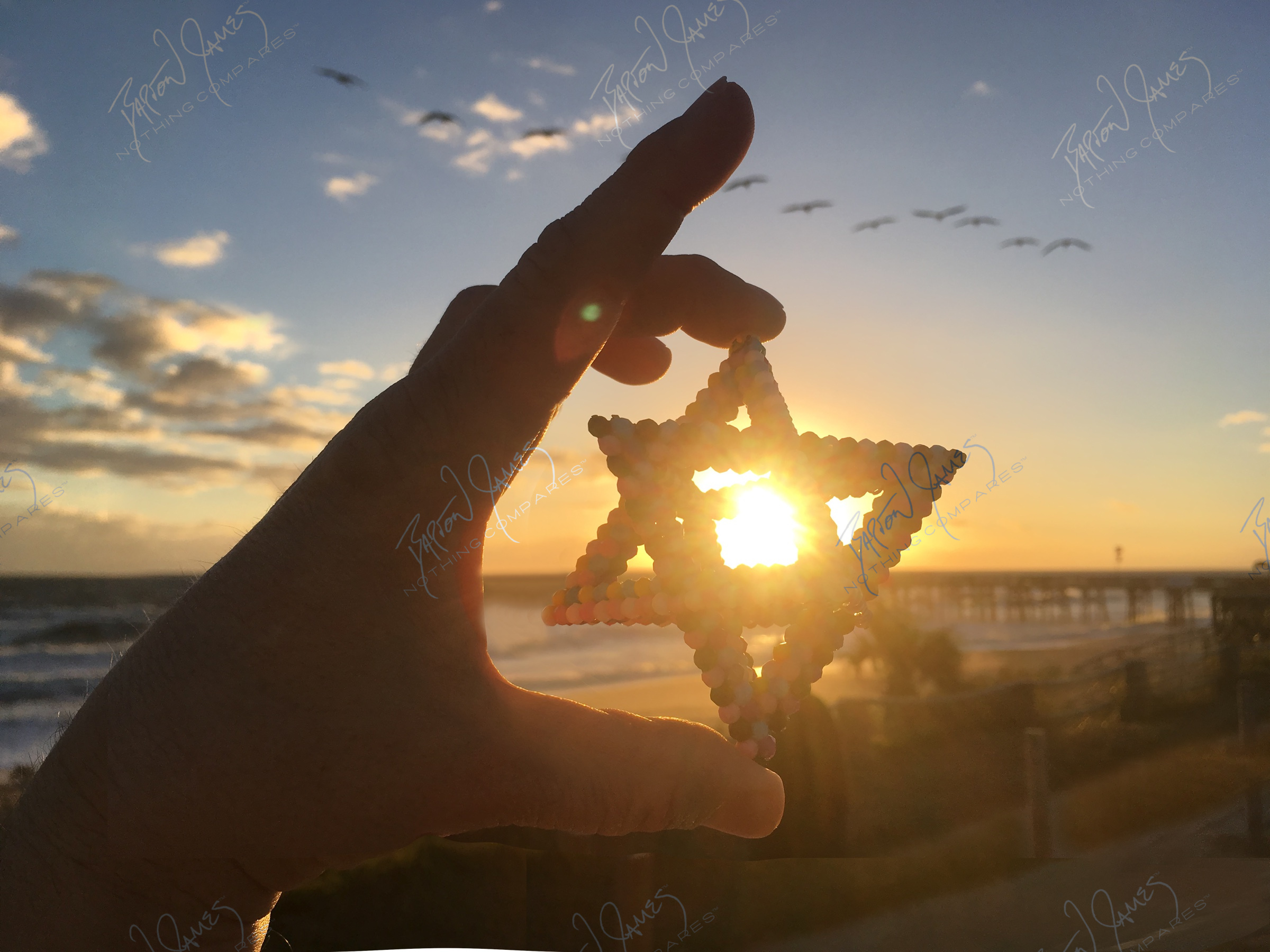 A hand holding a Spalla Merkaba of spheres up to the sun over the beach at Flagler Pier, Florida, birds crossing the sky
